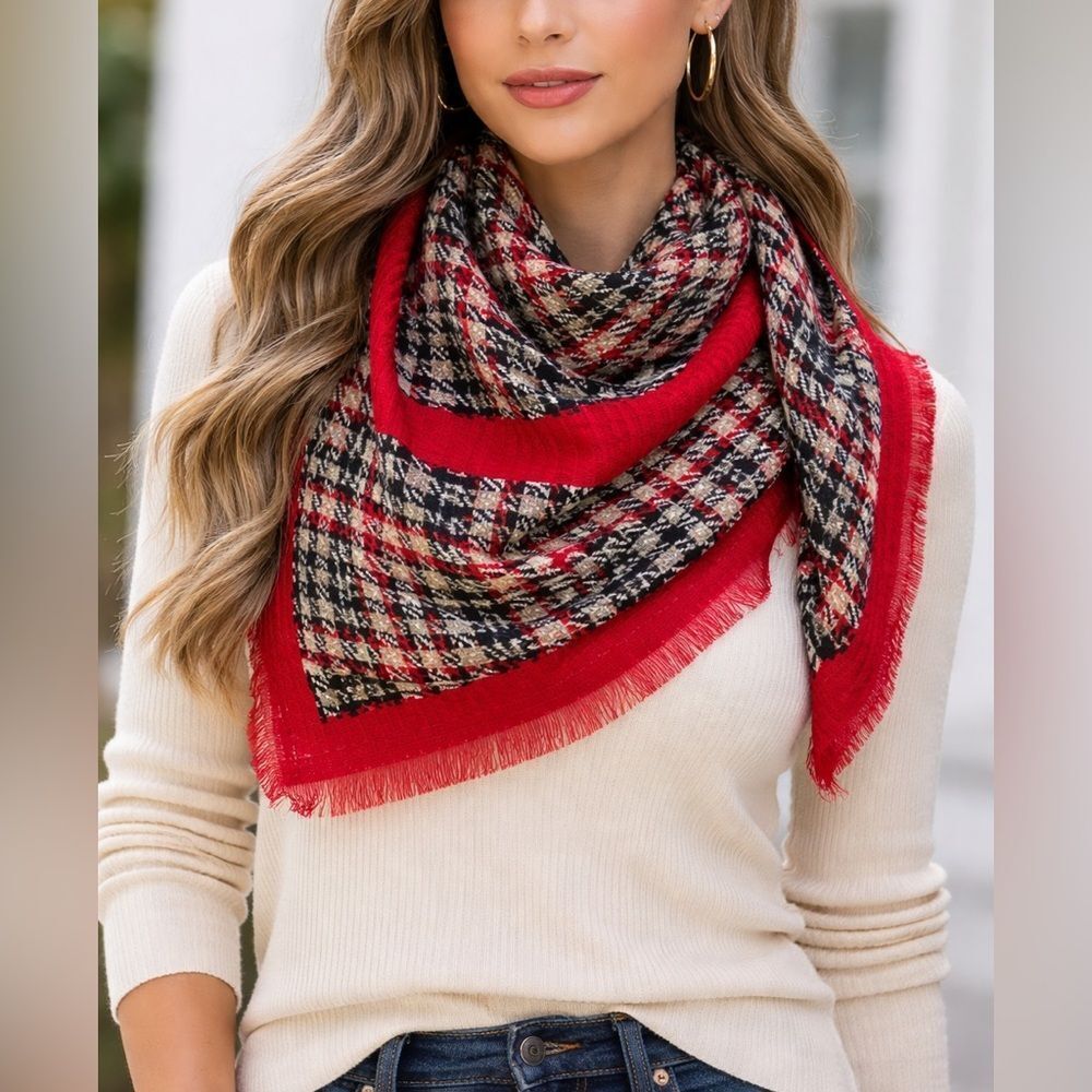 Evan Picone Red Houndstooth Plaid Square Scarf Wrap Shawl 40x40 Fringe